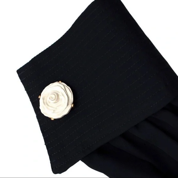 Oscar de la Renta Navy Blue Silk Blouse with white rose buttons